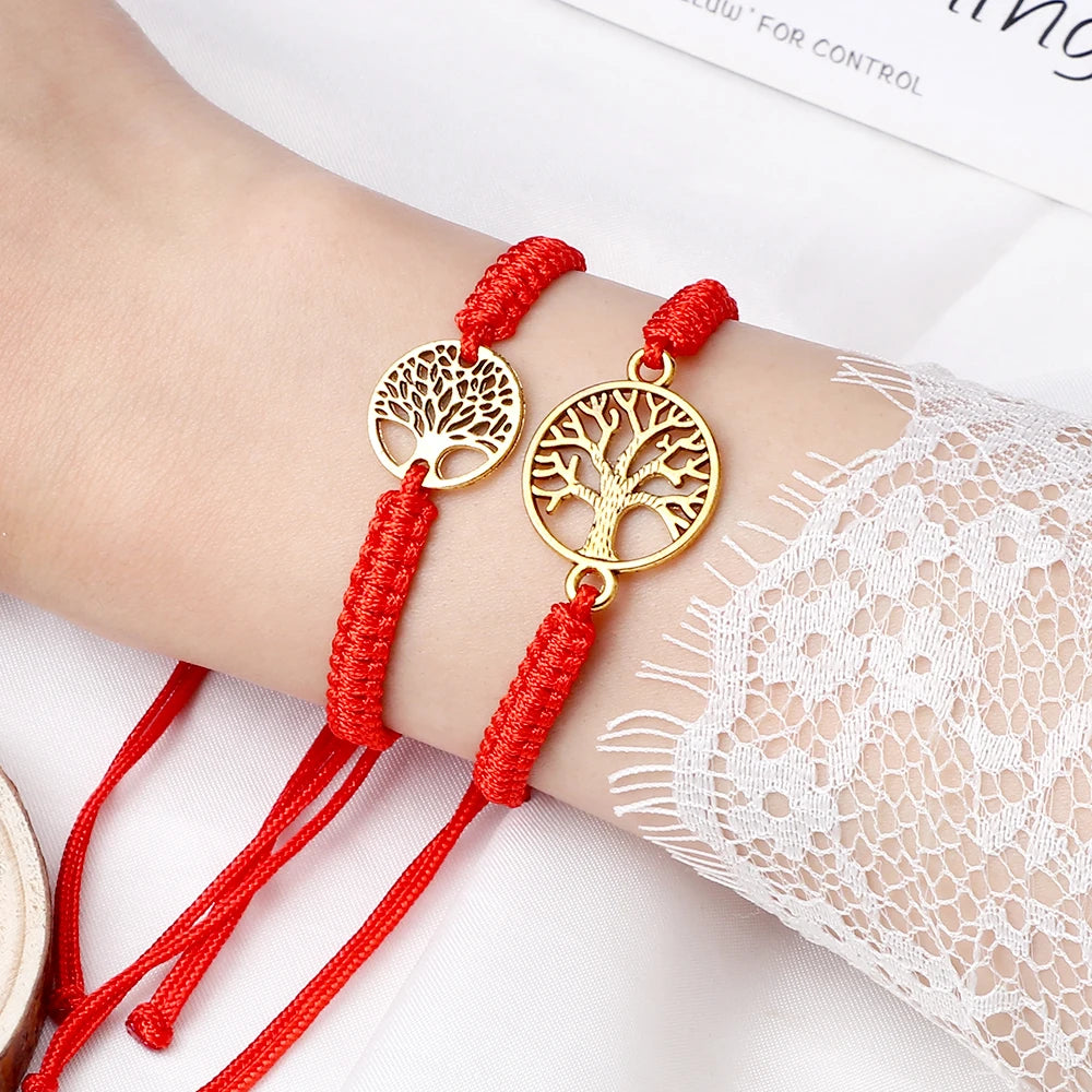 2pcs/set Red Black Life Tree Thread Bracelet Men Handwoven Braided Adjustable Tibetan Buddhist Bracelet Women Lover Jewelry Gift