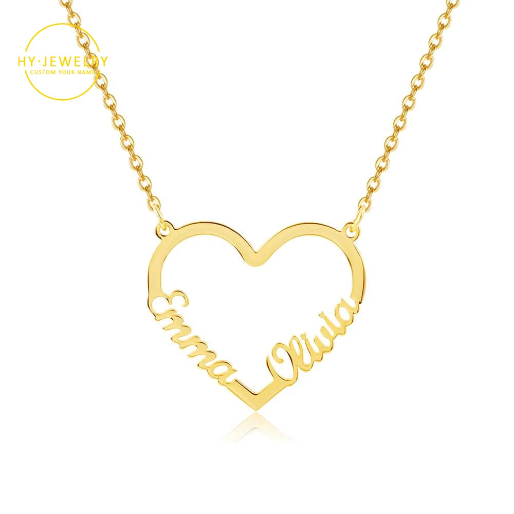 Personalized Double Name Gold Stainless Steel Necklaces Pandents Custom Heart Name Nameplate Necklace For Women Christmas Gift