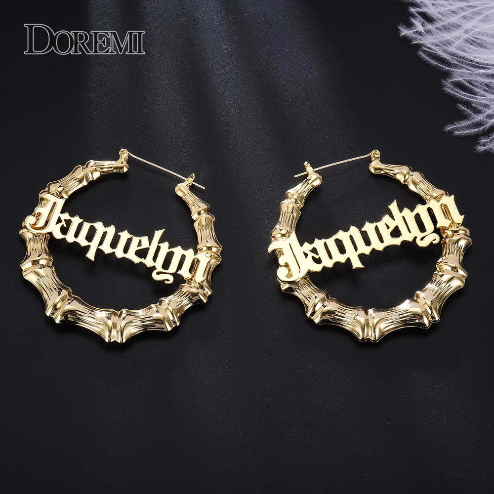 DOREMI Custom Name Bamboo Hoop Gold Plated Stainless Steel Words Personalized Jewelry