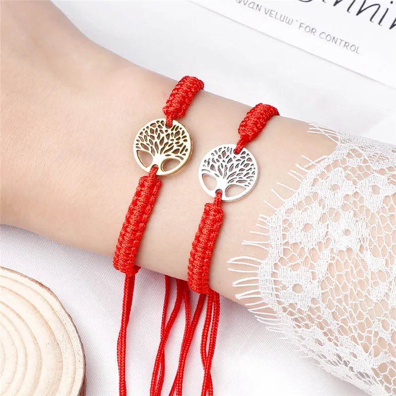2pcs/set Red Black Life Tree Thread Bracelet Men Handwoven Braided Adjustable Tibetan Buddhist Bracelet Women Lover Jewelry Gift