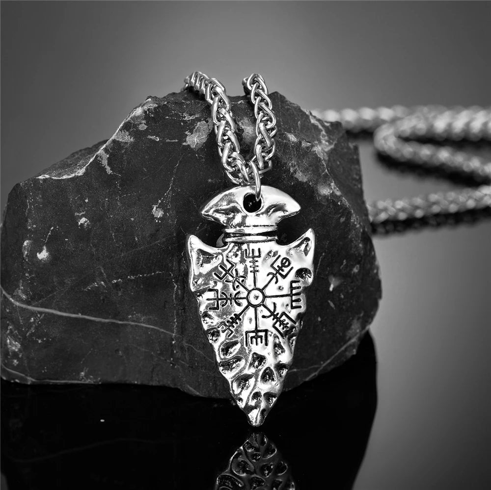 Men Viking Spear Compass Necklaces Norse Runes Amulet Helm of Awe Vegvisir Pendant Stainless Steel/Genuine Leather Chain Jewelry