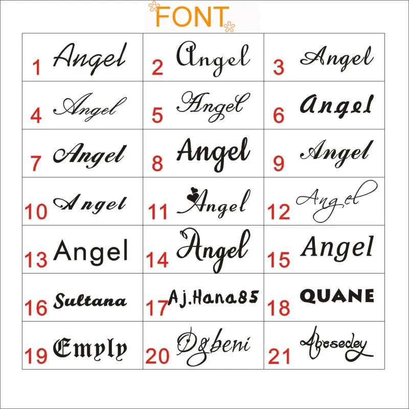Table displaying various font styles with labels 'Angel' and other names.