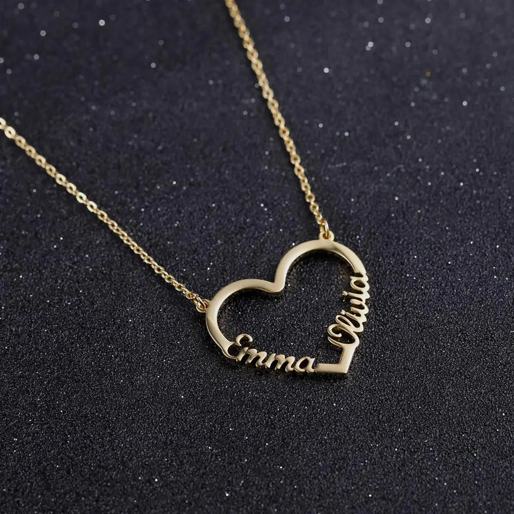 Personalized Double Name Gold Stainless Steel Necklaces Pandents Custom Heart Name Nameplate Necklace For Women Christmas Gift