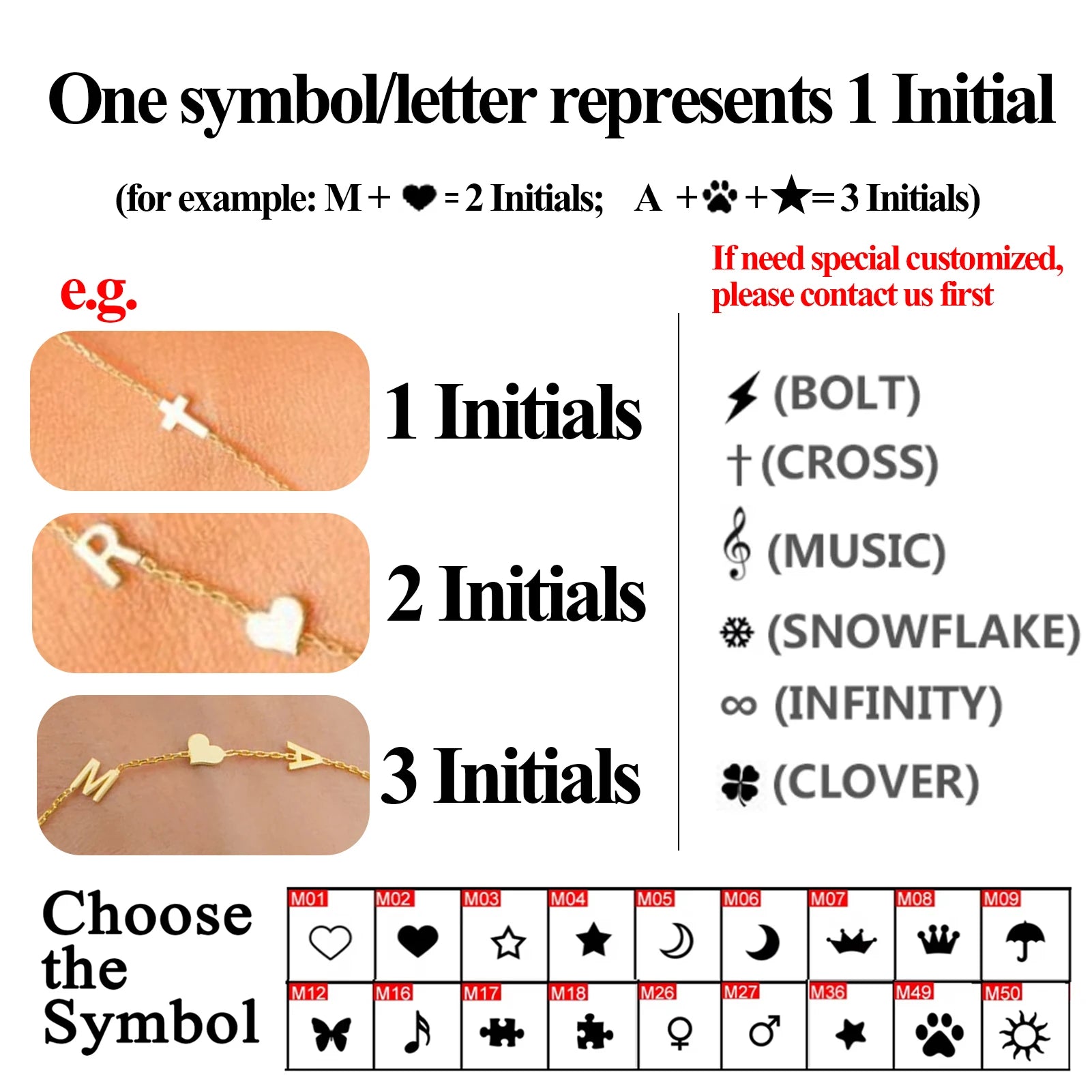 Jewelry symbols with corresponding initials and customization options.
