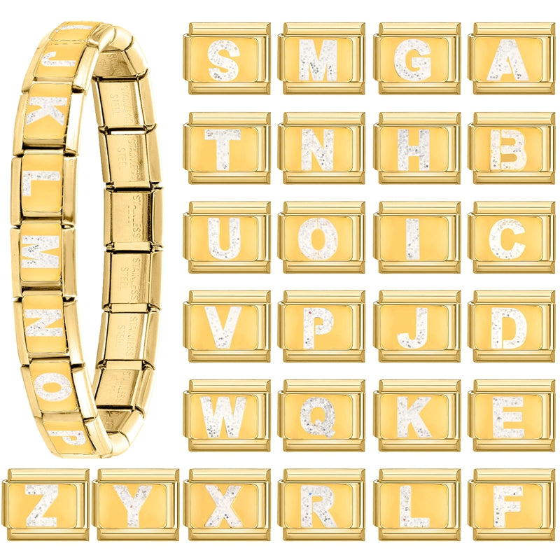 Fashion Golden 26 Letters A-Z Italian Links Charm Beads 9mm Stainless Steel Bracelet Jewelry DIY Hand Making Wholesale