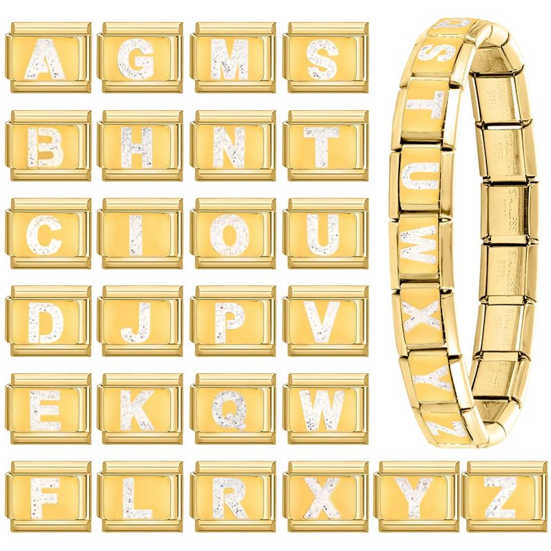 Fashion Golden 26 Letters A-Z Italian Links Charm Beads 9mm Stainless Steel Bracelet Jewelry DIY Hand Making Wholesale