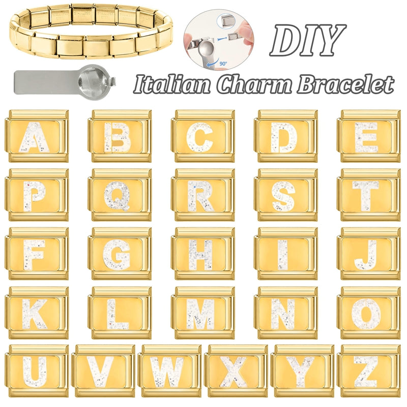 Fashion Golden 26 Letters A-Z Italian Links Charm Beads 9mm Stainless Steel Bracelet Jewelry DIY Hand Making Wholesale