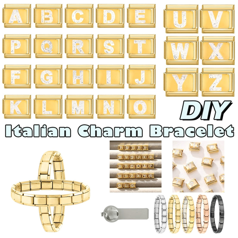 Fashion Golden 26 Letters A-Z Italian Links Charm Beads 9mm Stainless Steel Bracelet Jewelry DIY Hand Making Wholesale