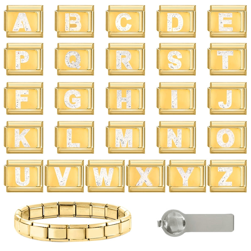 Fashion Golden 26 Letters A-Z Italian Links Charm Beads 9mm Stainless Steel Bracelet Jewelry DIY Hand Making Wholesale