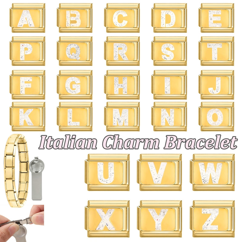 Fashion Golden 26 Letters A-Z Italian Links Charm Beads 9mm Stainless Steel Bracelet Jewelry DIY Hand Making Wholesale
