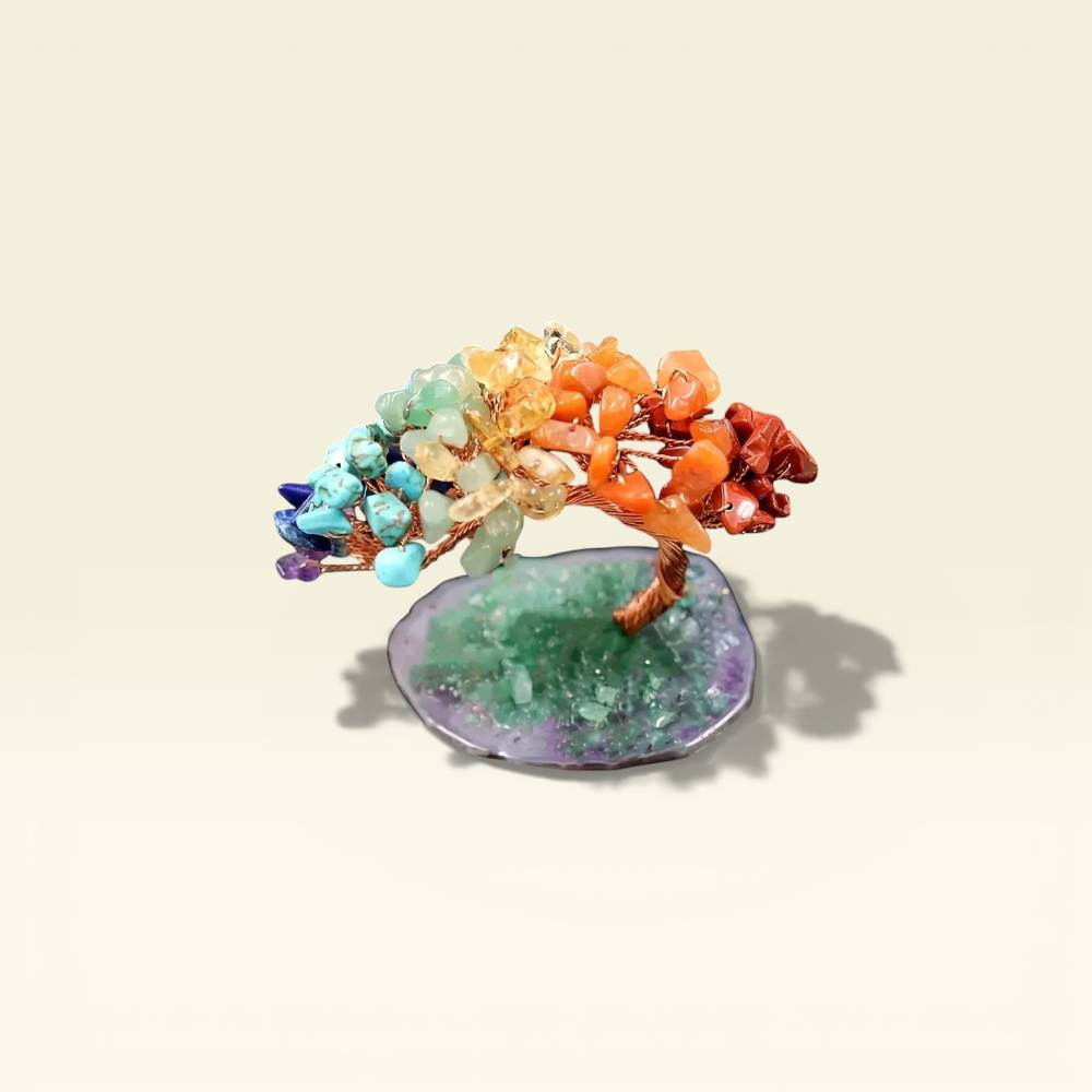 Colorful crystal arrangement on a decorative stand with a beige background