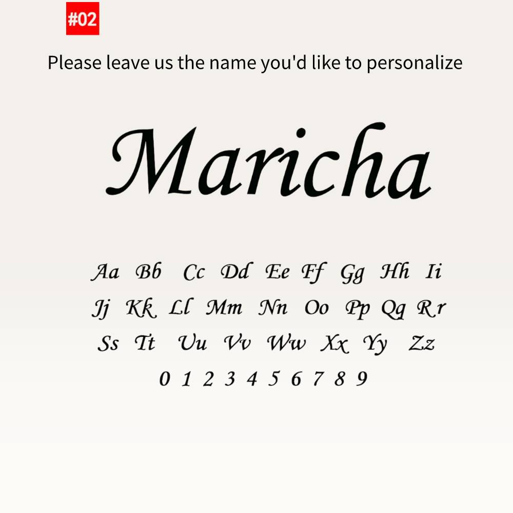 Personalization page with the name 'Maricha' and a set of letters and numbers for customization.
