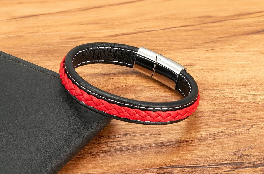 XQNI Black & Red Braided Rope Leather Bracelet Men Stainless Steel Charm Jewelry Bangle for Friend Couple Birthday New Year Gift