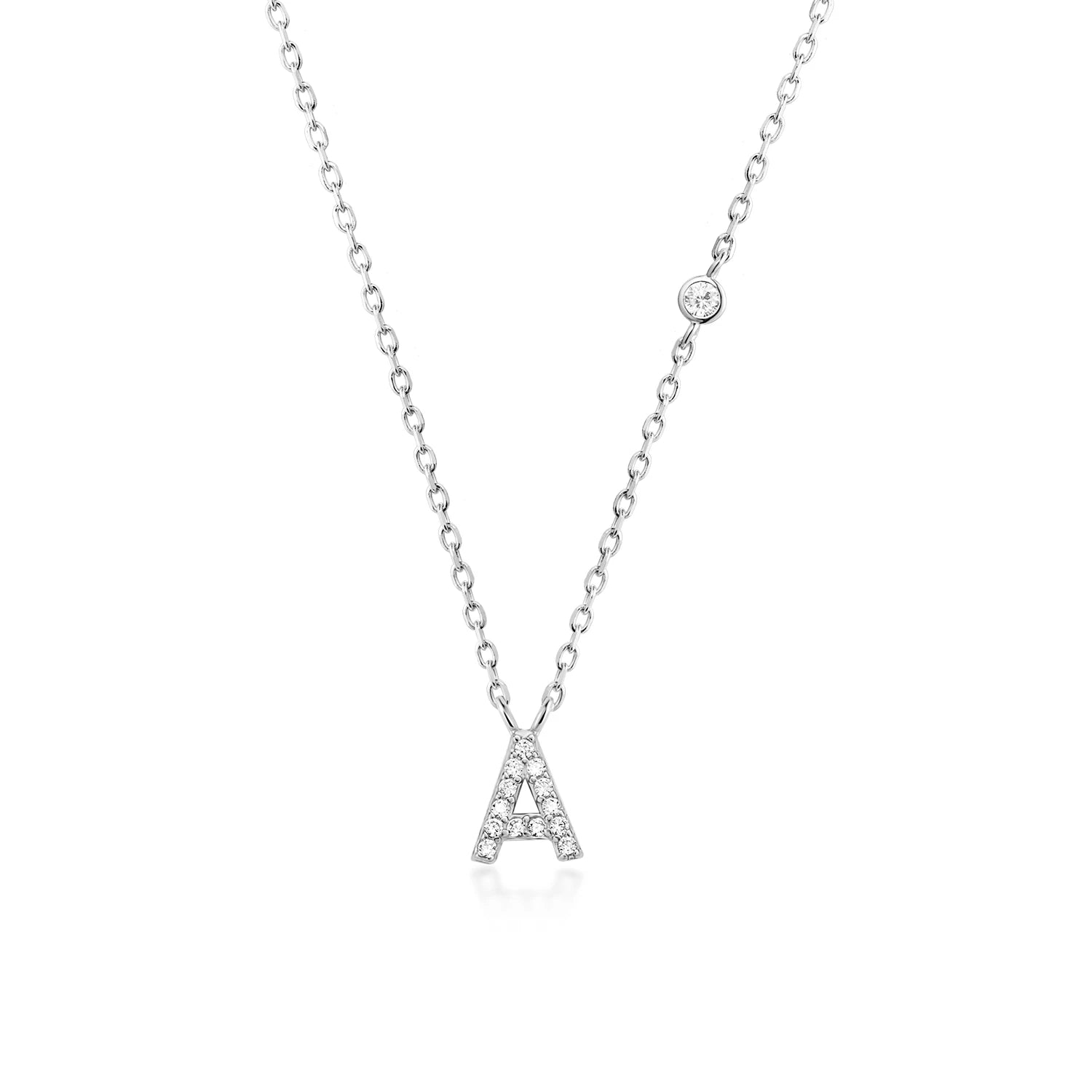 Silver necklace with a 'A' pendant on a white background