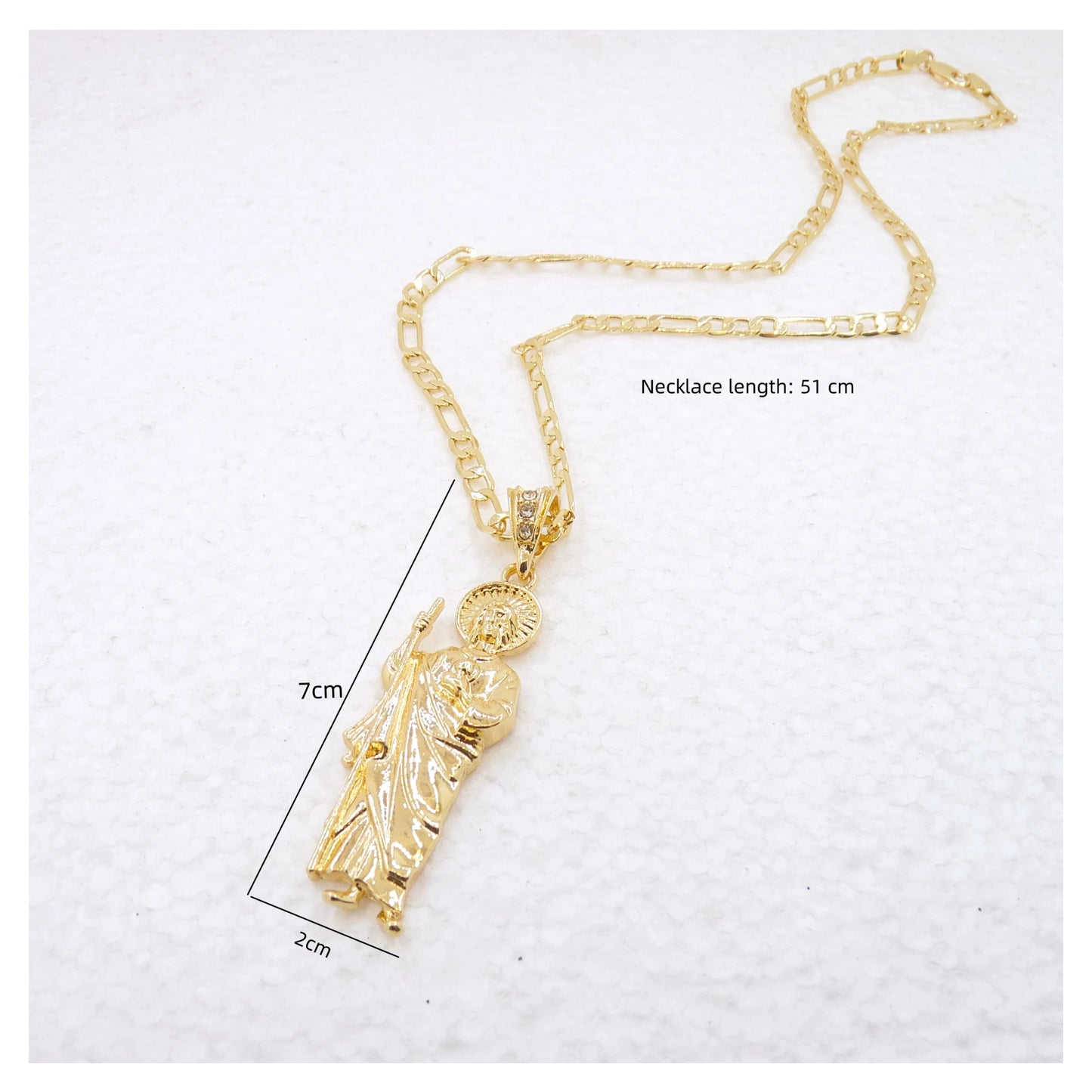 Saint Jude Necklace 14K Gold Plated San Judas Pendant Figaro Chain