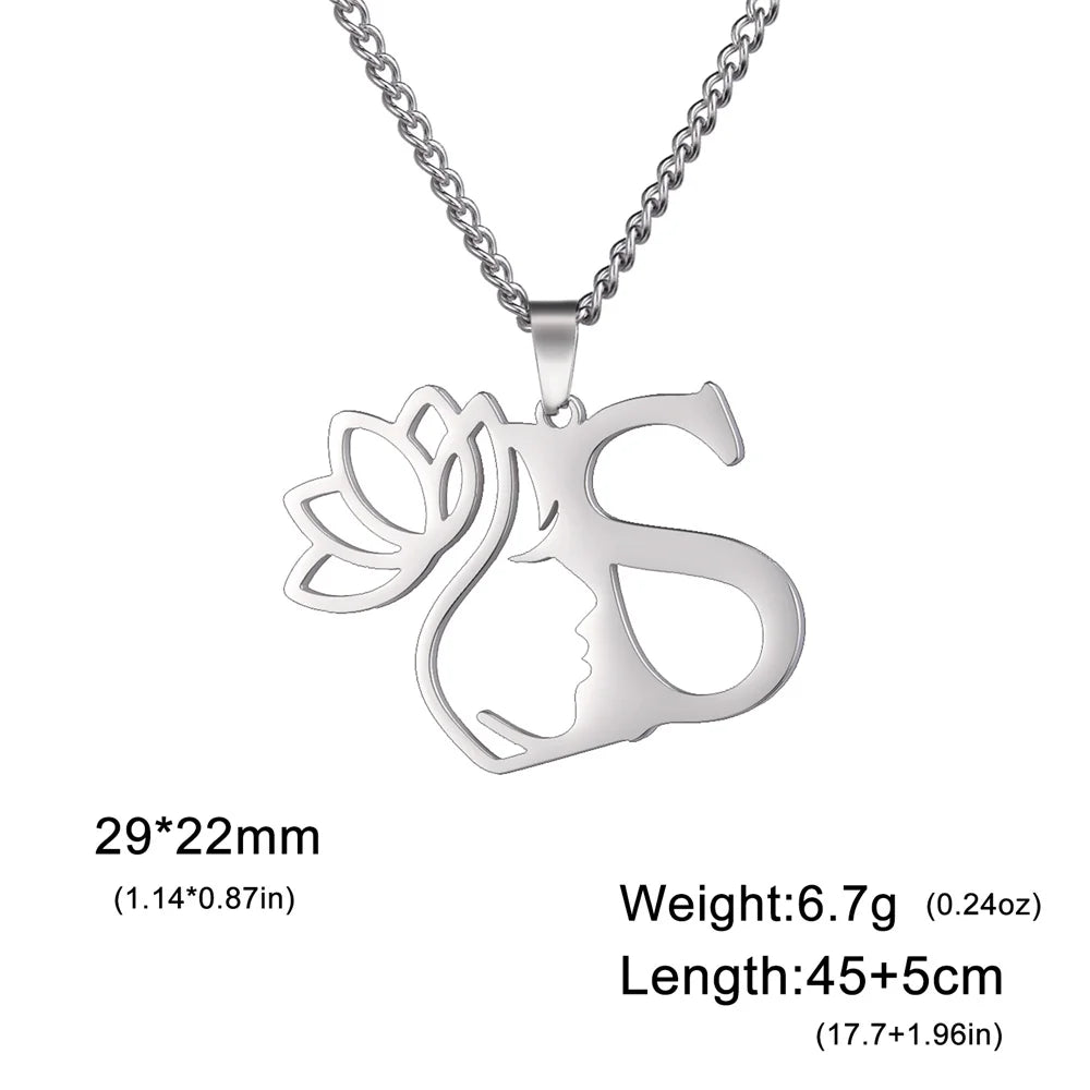 My Shape Beauty Lotus Flower Initials Necklace Women Girl Gifts Stainless Steel Letter Alphabet Pendants Choker Fashion Jewelry