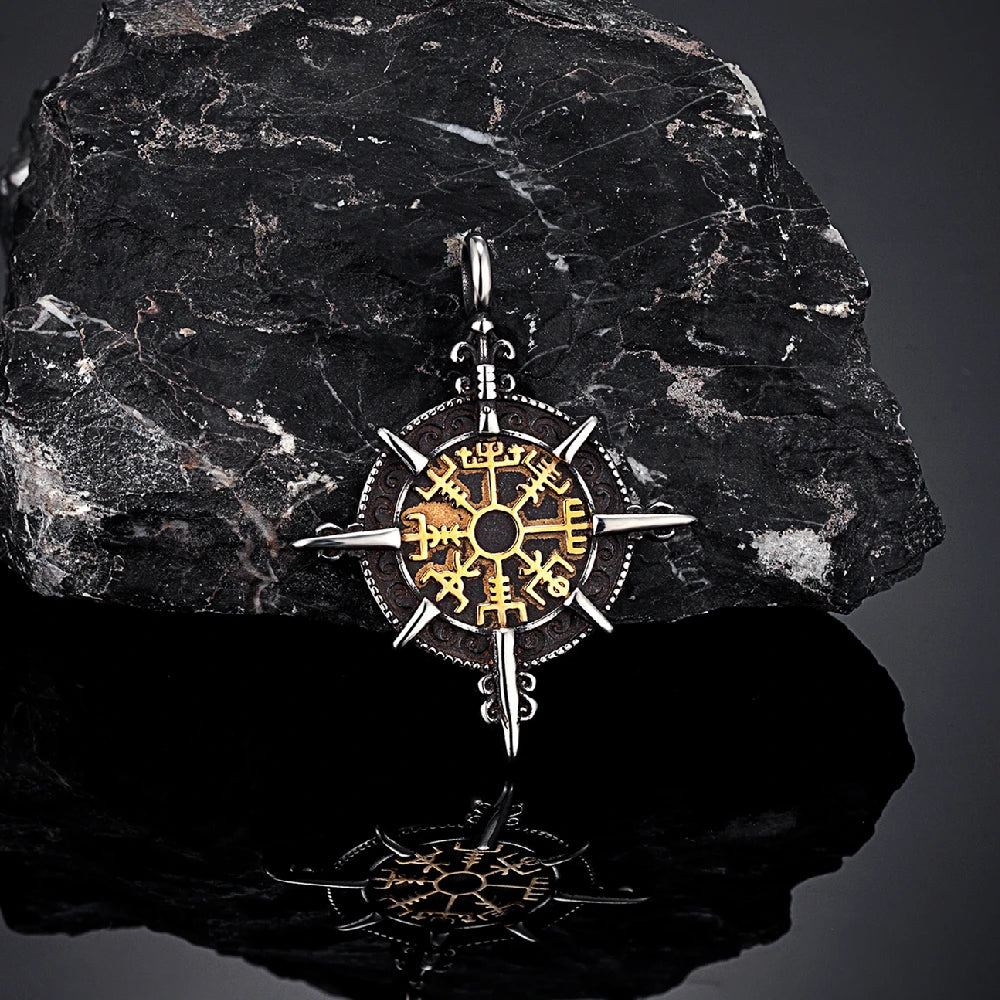 Retro Gold Color Vikings Compass Necklace Men Antique Stainless Steel Norse Rune Amulet Pendant Vegvisir Homme Icelandic Jewelry