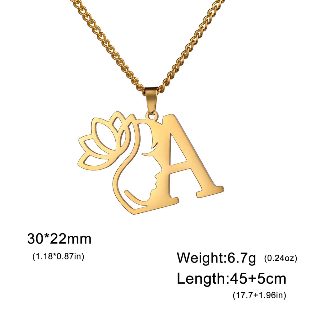 My Shape Beauty Lotus Flower Initials Necklace Women Girl Gifts Stainless Steel Letter Alphabet Pendants Choker Fashion Jewelry
