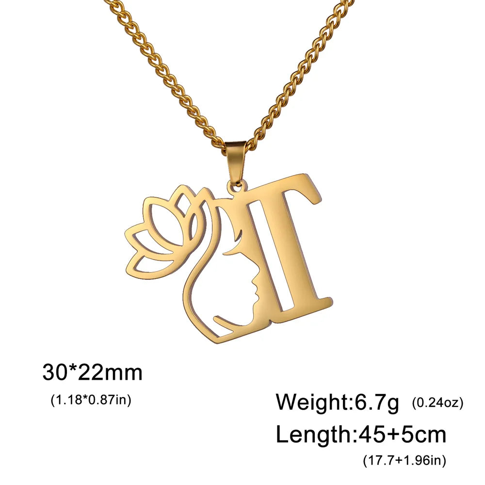 My Shape Beauty Lotus Flower Initials Necklace Women Girl Gifts Stainless Steel Letter Alphabet Pendants Choker Fashion Jewelry