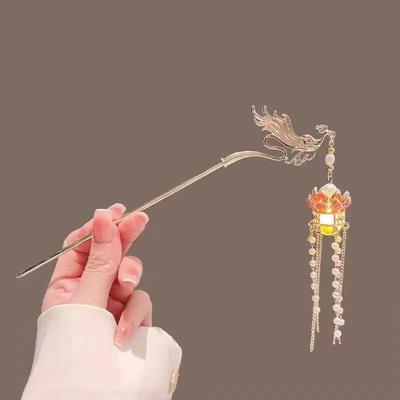 Luminous Flower Hairpin For Women Creative Lotus Emit Light Lantern Tassel Hair Stick Vintage Chinese Style Metal Hair Accessory