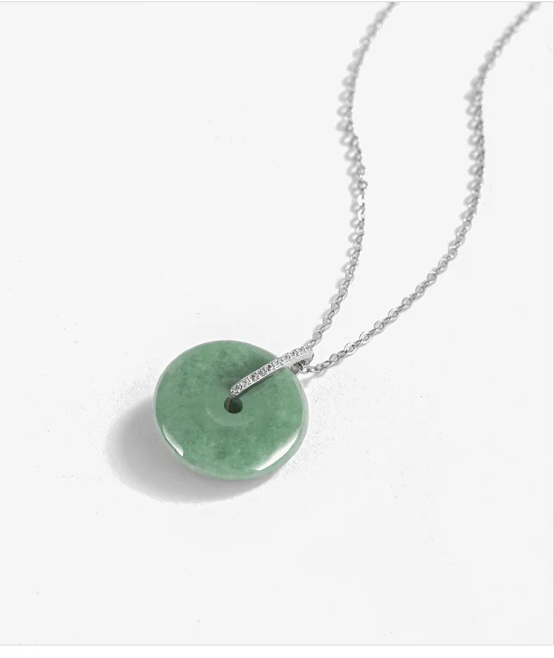 Natural A-Grade Jade Green Small Peace Of Mind Pendant S925 Silver Inlaid Ice Jade Pendant Necklace
