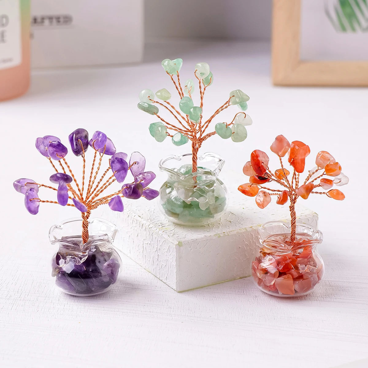 1PC Natural Crystal Macadam Small Tree Reiki Healing Feng Shui Crystal Tree Artificial Bonsai Tabletop Ornaments