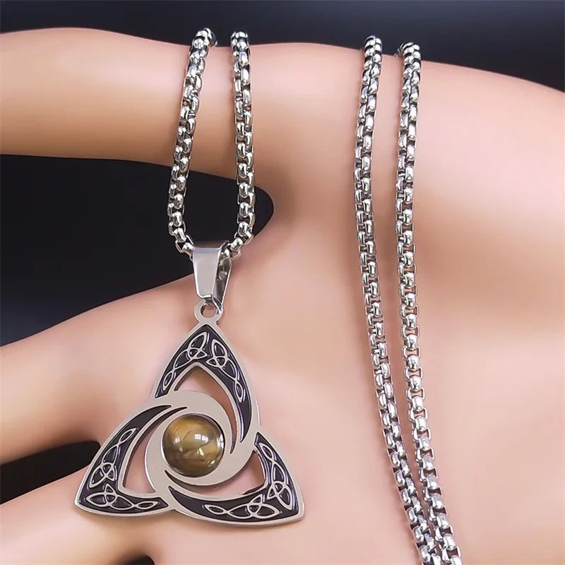 Viking Trinity Knot Necklace for Women Men Stainless Steel Tiger Eye Stone Irish Celtic Lucky Amulet Necklaces Jewelry N3806S02