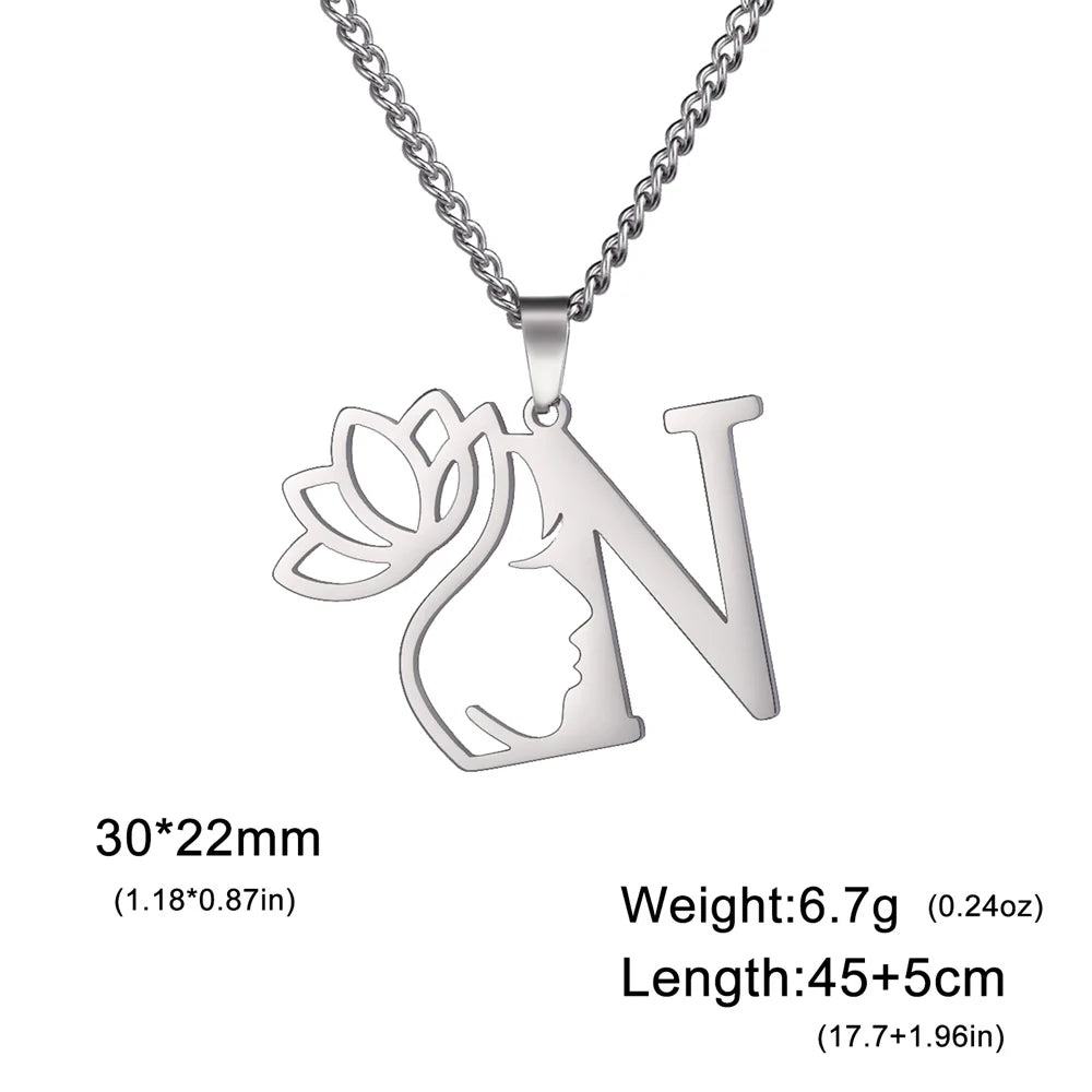 My Shape Beauty Lotus Flower Initials Necklace Women Girl Gifts Stainless Steel Letter Alphabet Pendants Choker Fashion Jewelry