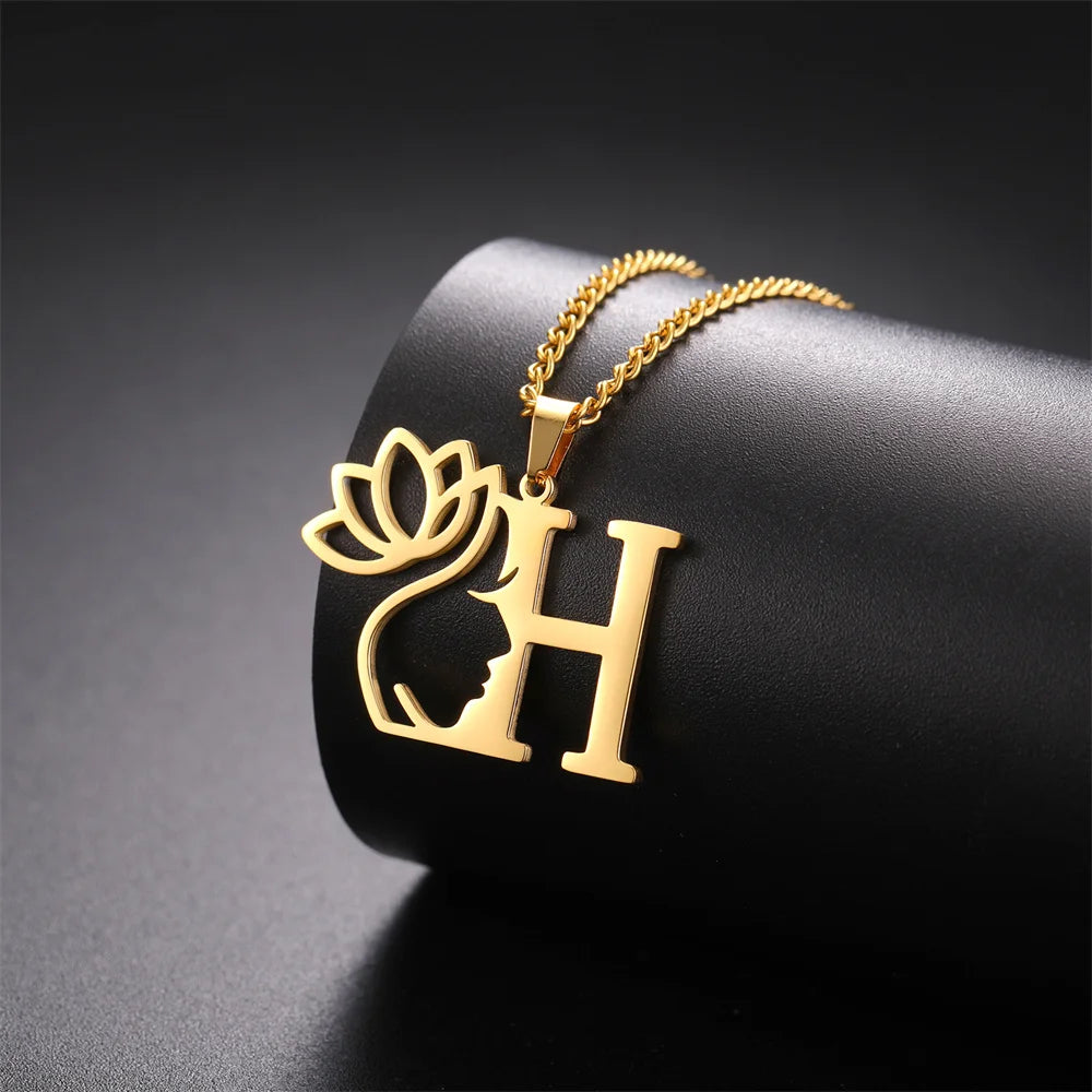 My Shape Beauty Lotus Flower Initials Necklace Women Girl Gifts Stainless Steel Letter Alphabet Pendants Choker Fashion Jewelry
