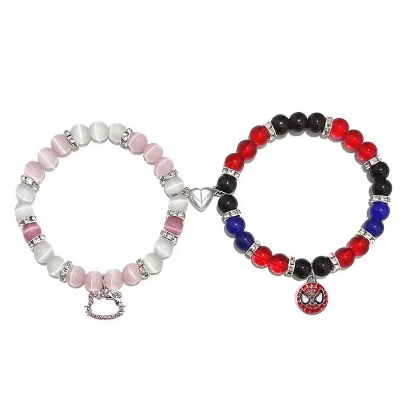 2 pcs of Blue and Pink Beads Cute cat Pendant Heart Shape Magnet Elastic Couple's Bracelets, Bff Trendy Jewelry Gifts