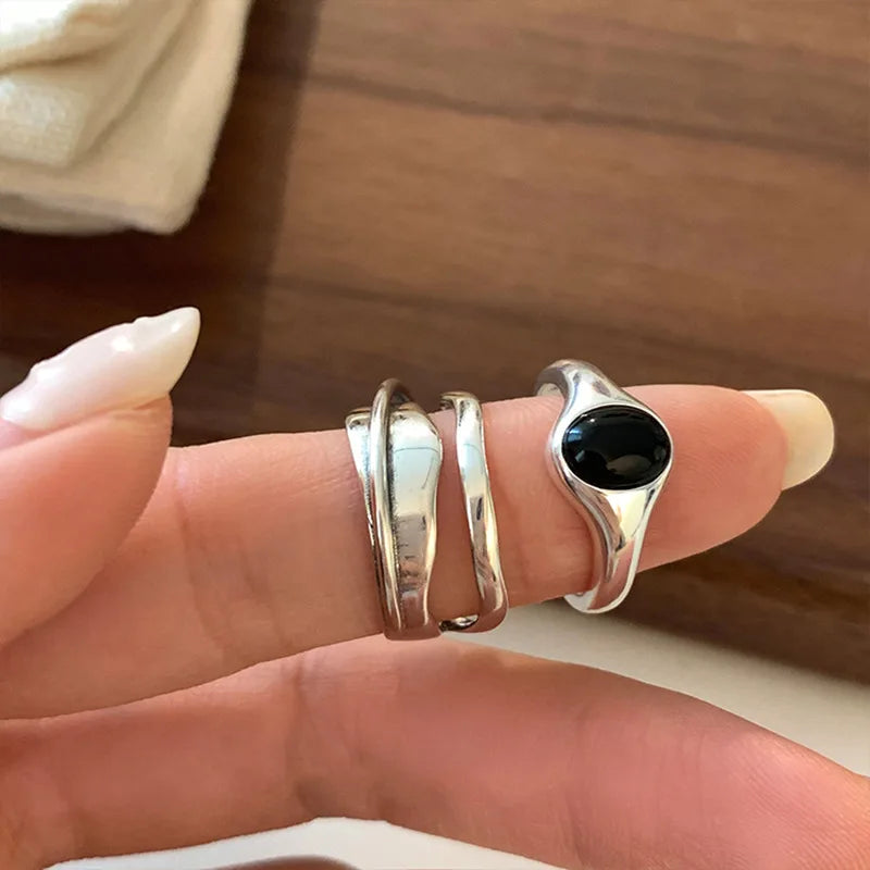 925 Sterling Silver plated Liquid Lava Hetian Jade Bamboo Ring for Women Girl Gift Irregular Vintage Jewelry Dropshipping