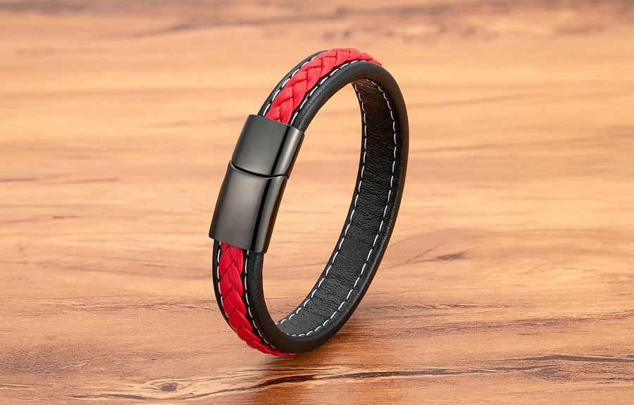 XQNI Black & Red Braided Rope Leather Bracelet Men Stainless Steel Charm Jewelry Bangle for Friend Couple Birthday New Year Gift