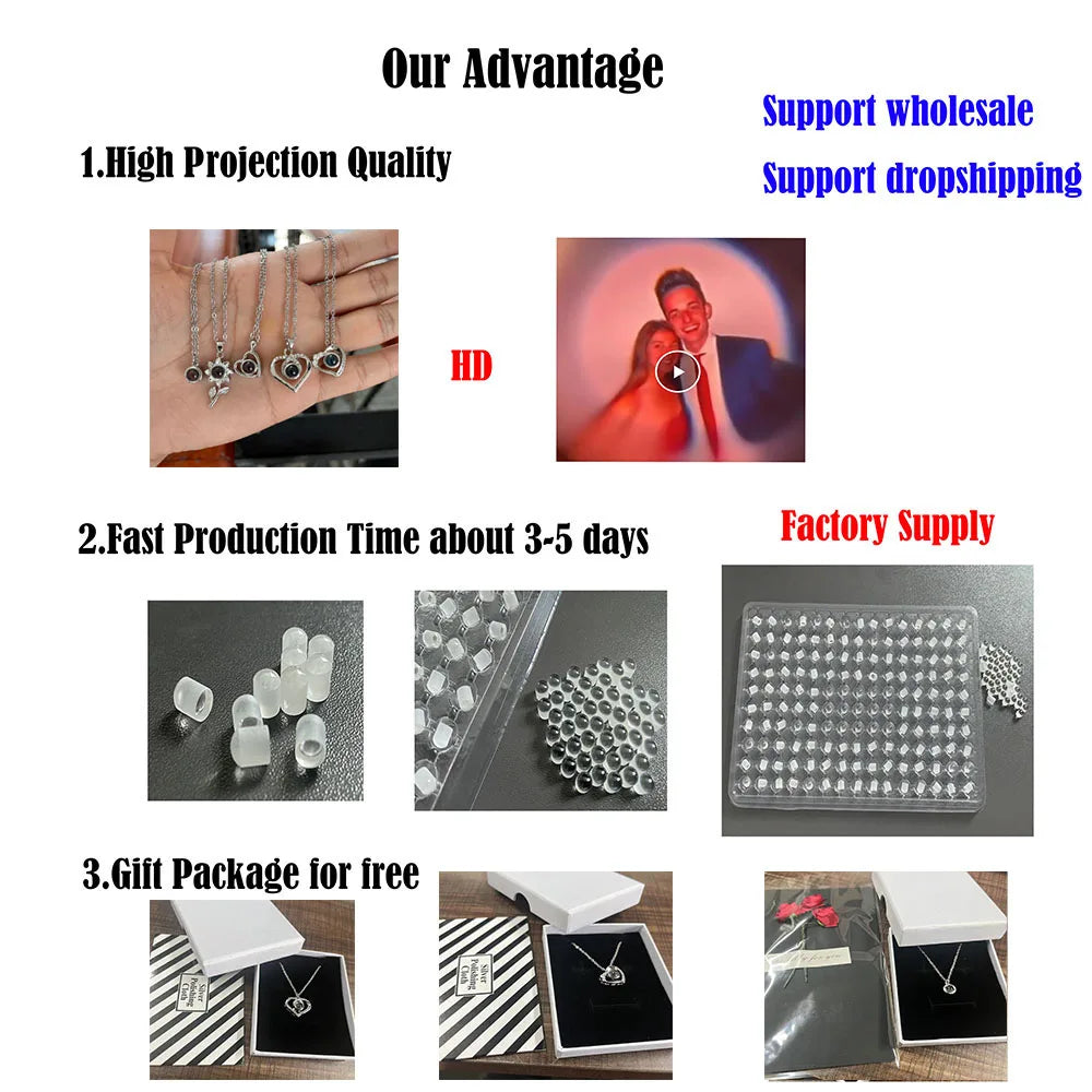 Custom Photo Projection Necklace Stainless Steel Chain Heart Flower Start Pendant DIY Picture Inside Couple Family Necklace
