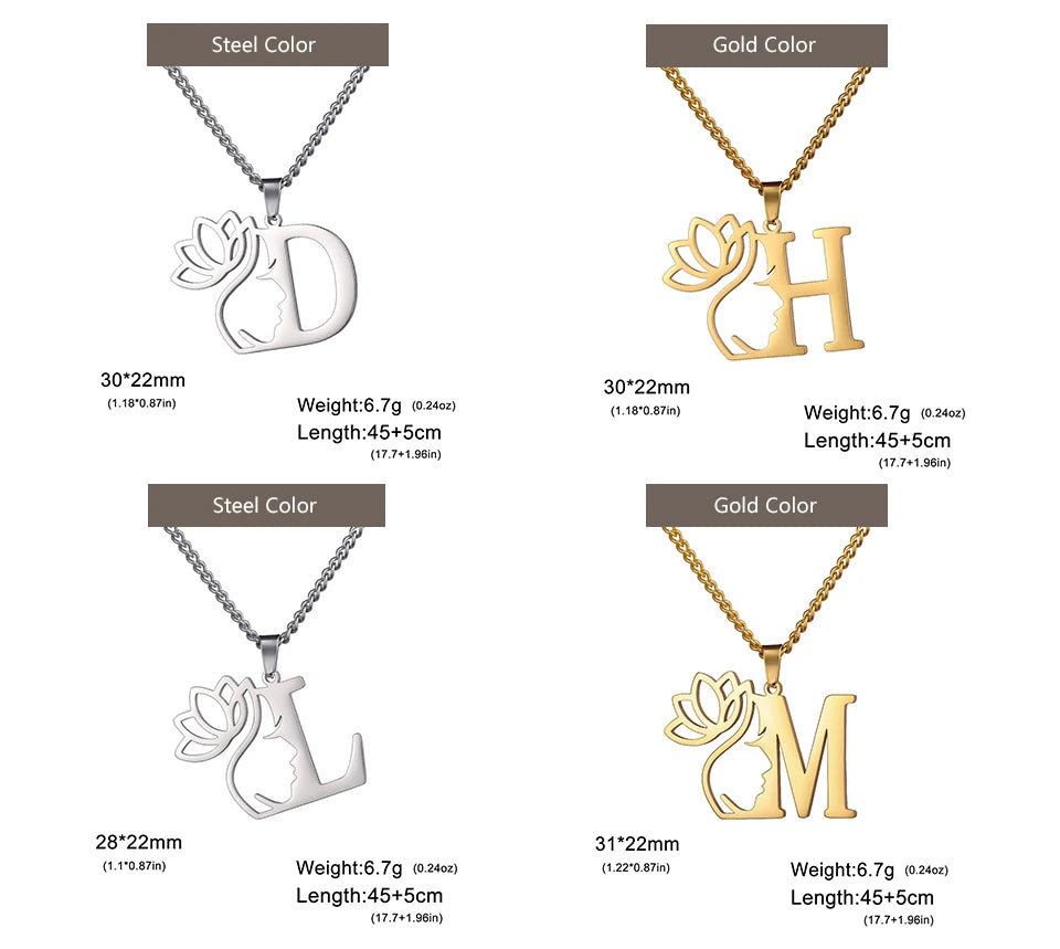 My Shape Beauty Lotus Flower Initials Necklace Women Girl Gifts Stainless Steel Letter Alphabet Pendants Choker Fashion Jewelry