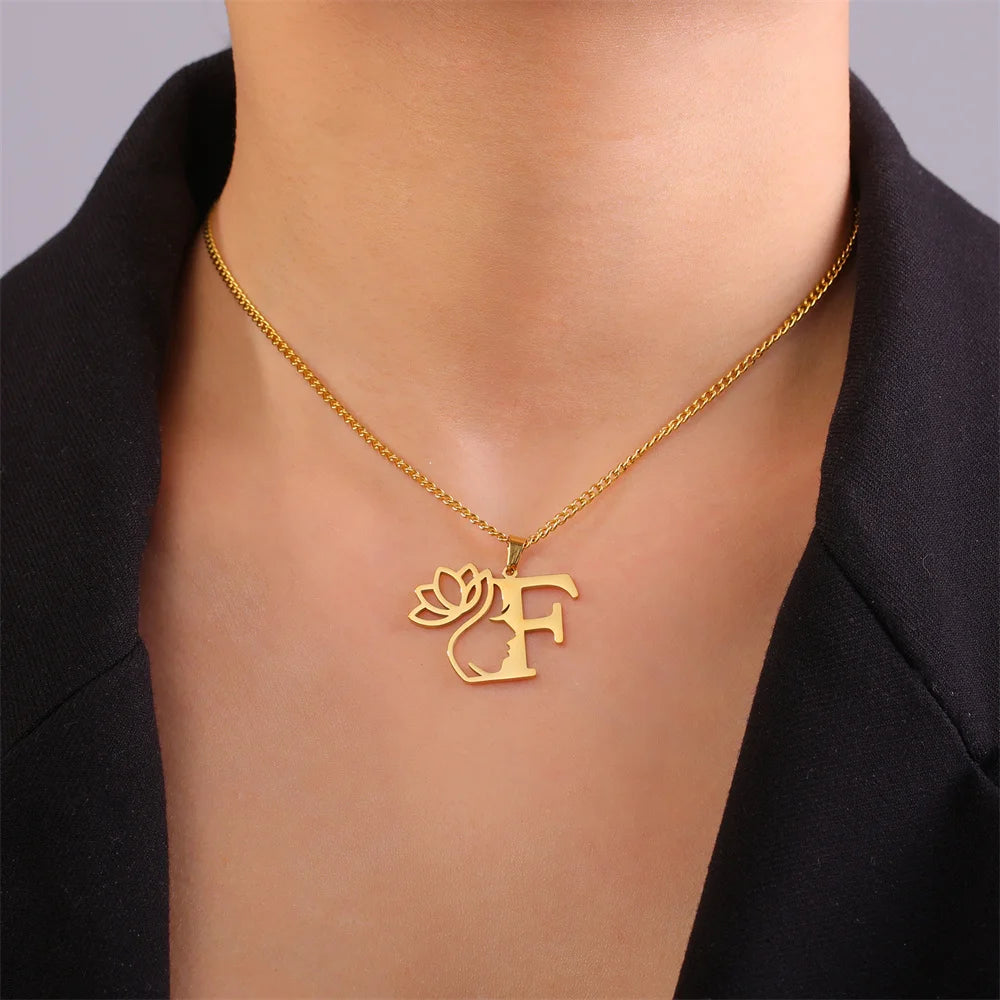 My Shape Beauty Lotus Flower Initials Necklace Women Girl Gifts Stainless Steel Letter Alphabet Pendants Choker Fashion Jewelry