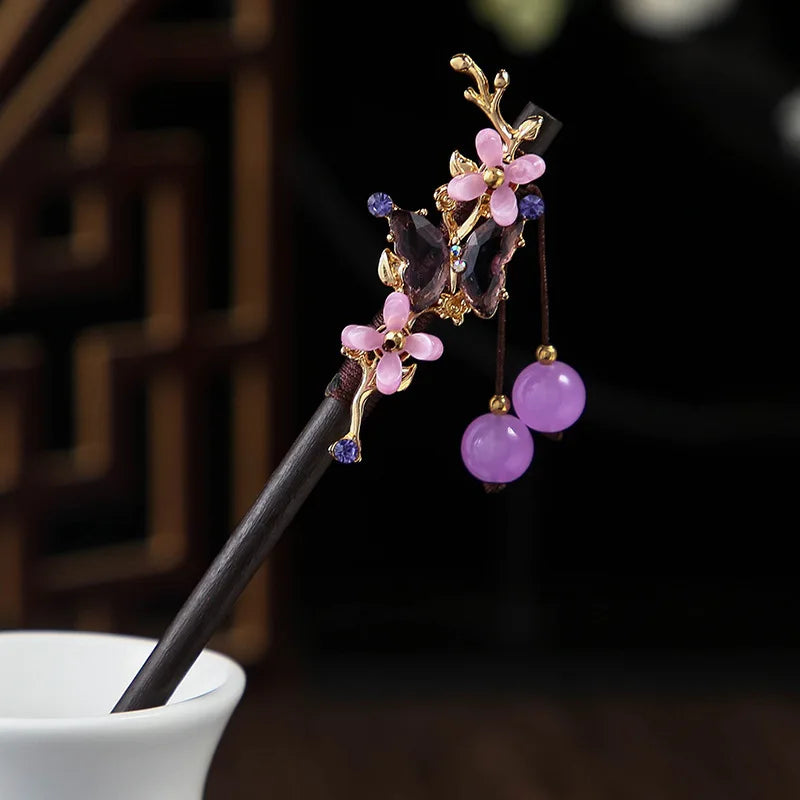 Wooden Hair Stick Chinese Style Winding Flower Hairpin With Tassel Elegant Lady Hair Clip Hair Accessories Vintage Gift