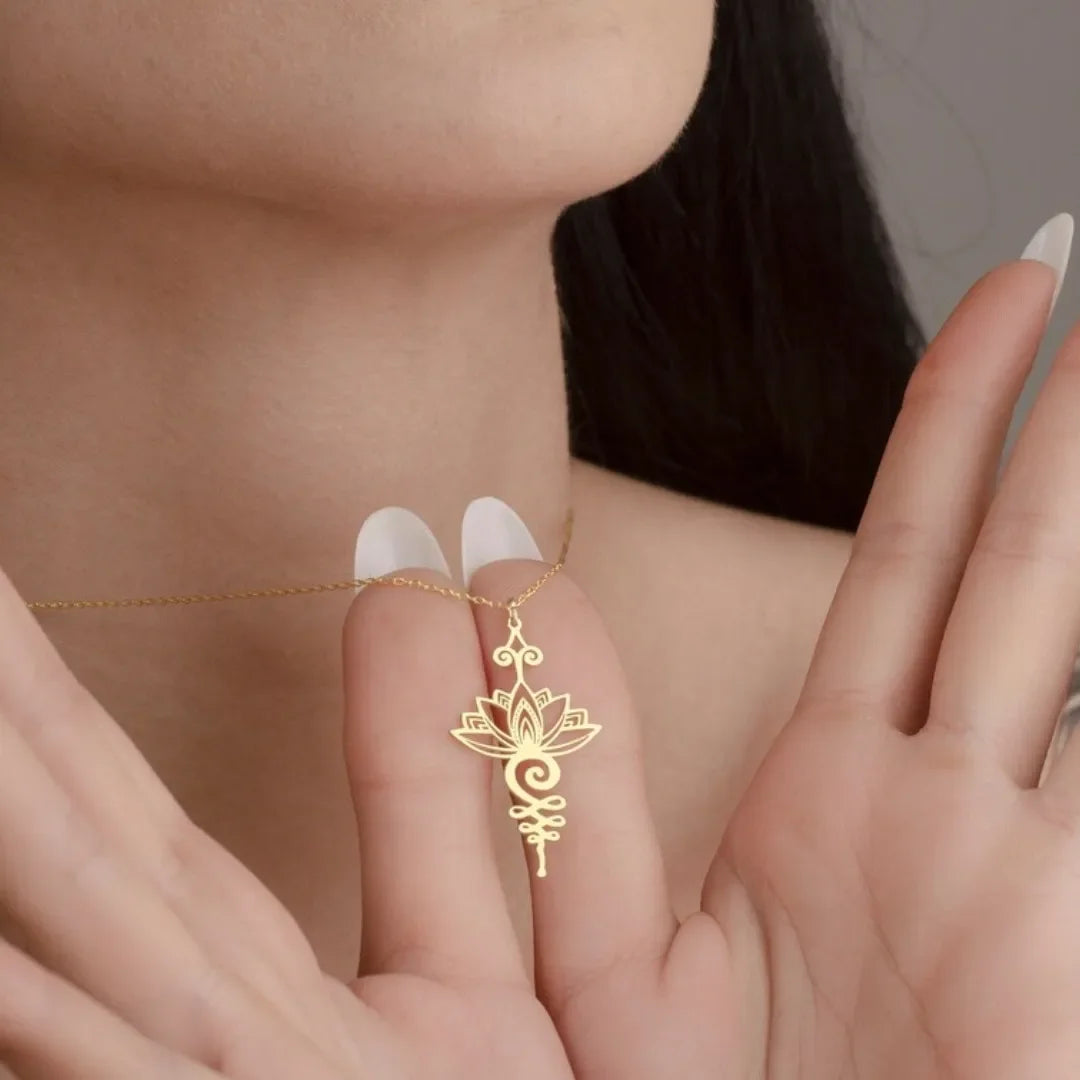 Stainless Steel Lotus Unalome Necklace Yoga Healing Necklace for Women Breathe Meditation Amulet Pendant Jewelry Birthday Gifts