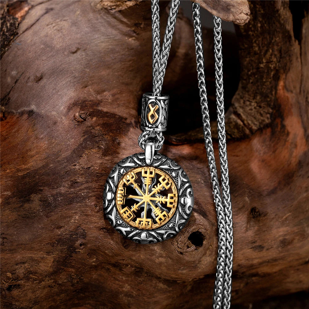 Retro Men Norse Rune Bead Compass Necklace Gold Color Hollow Out Sun Pendant Stainless Steel Vegvisir Amulet Male Viking Jewelry