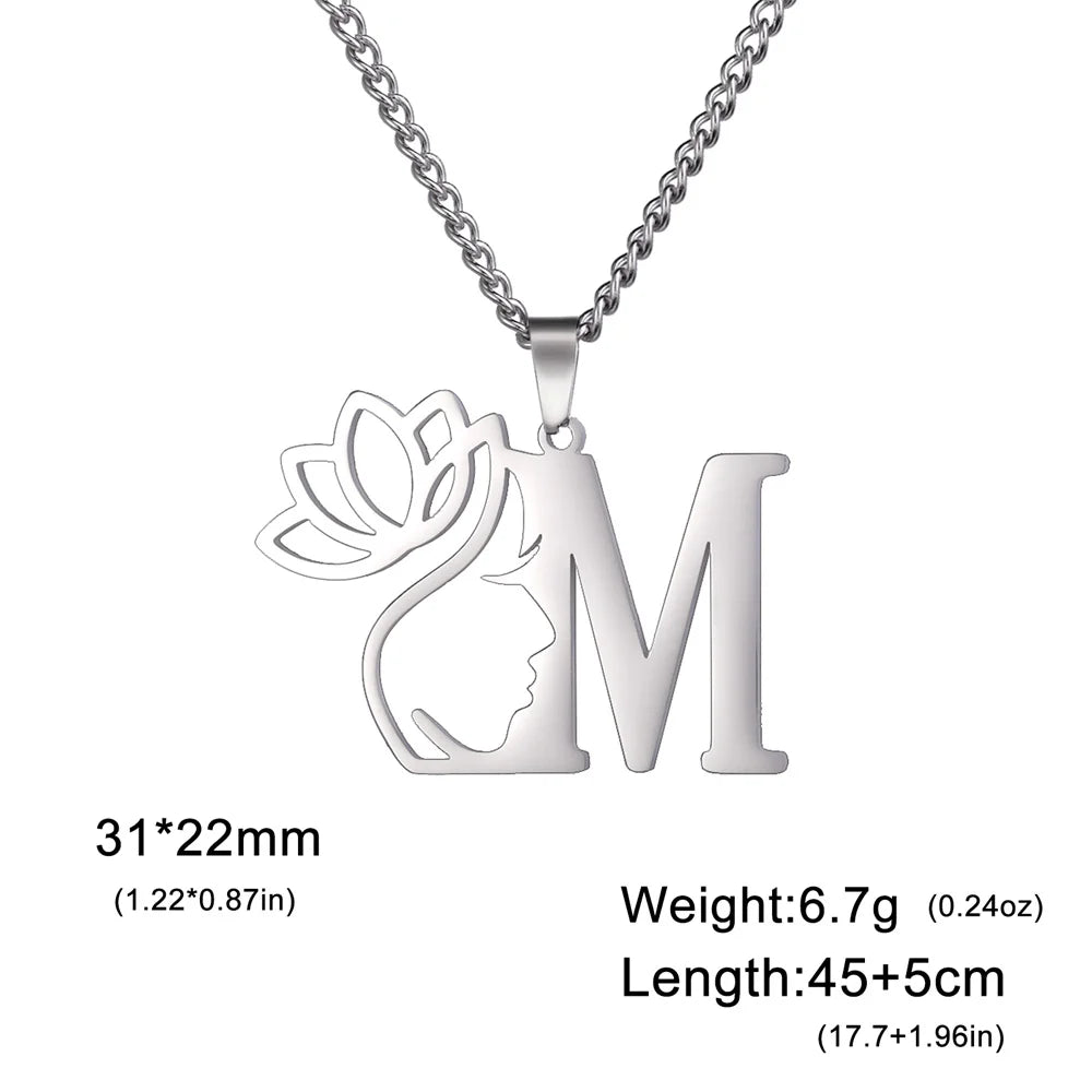 My Shape Beauty Lotus Flower Initials Necklace Women Girl Gifts Stainless Steel Letter Alphabet Pendants Choker Fashion Jewelry