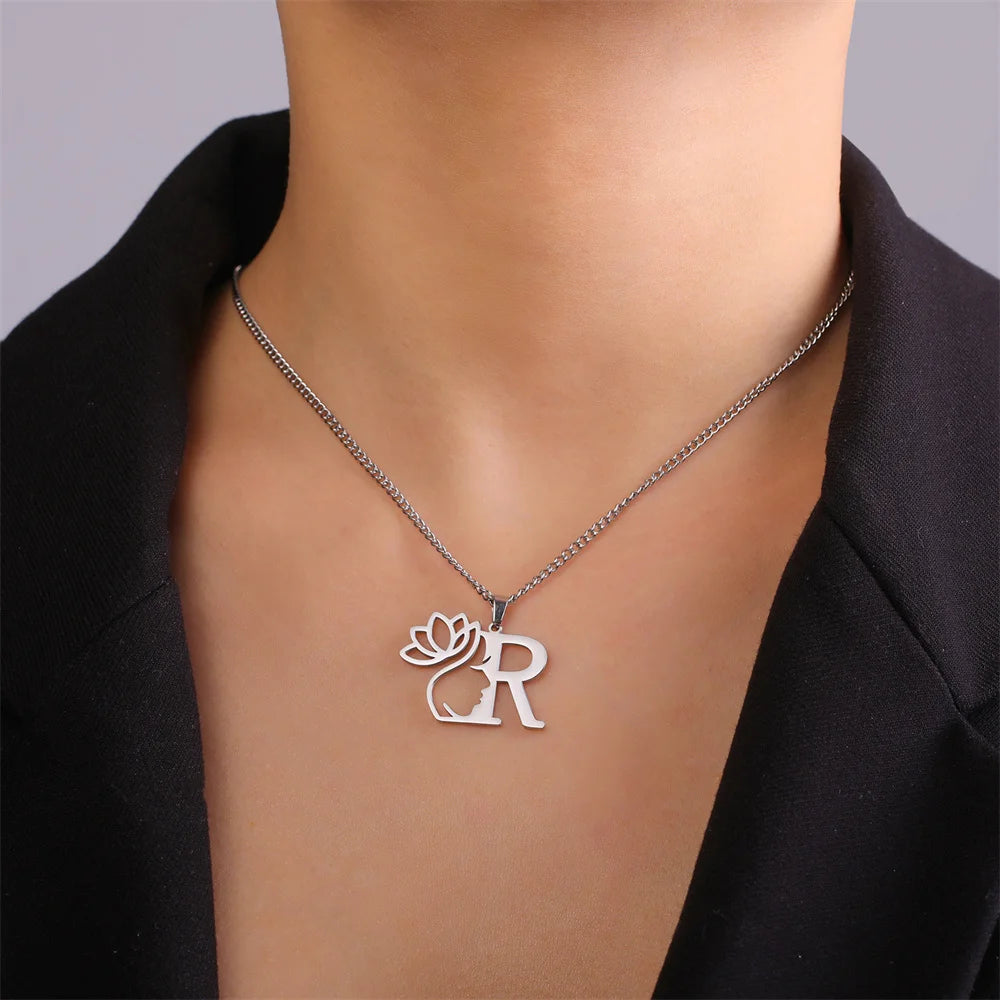 My Shape Beauty Lotus Flower Initials Necklace Women Girl Gifts Stainless Steel Letter Alphabet Pendants Choker Fashion Jewelry
