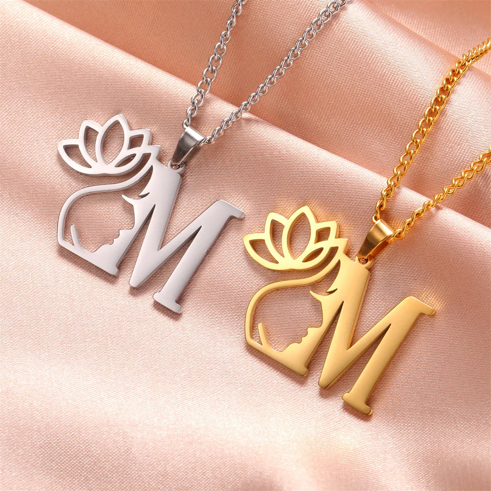 My Shape Beauty Lotus Flower Initials Necklace Women Girl Gifts Stainless Steel Letter Alphabet Pendants Choker Fashion Jewelry