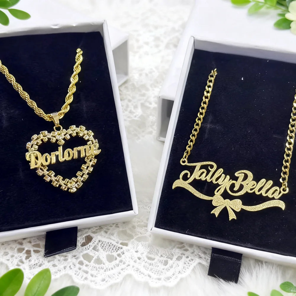 DUOYING Custom Name Heart Frame Necklace Earrings Diamond Cut Bow-shaped Base Nameplate Necklace