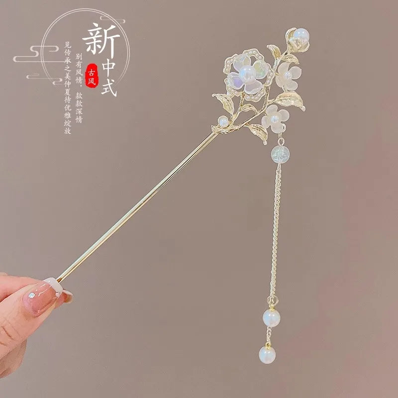 Elegant Chinese Style Hair Accessory Romantic Enameled Flower Tassel Hair Clip Alloy Jewelry Hairpin For Women Fashion Hairpin