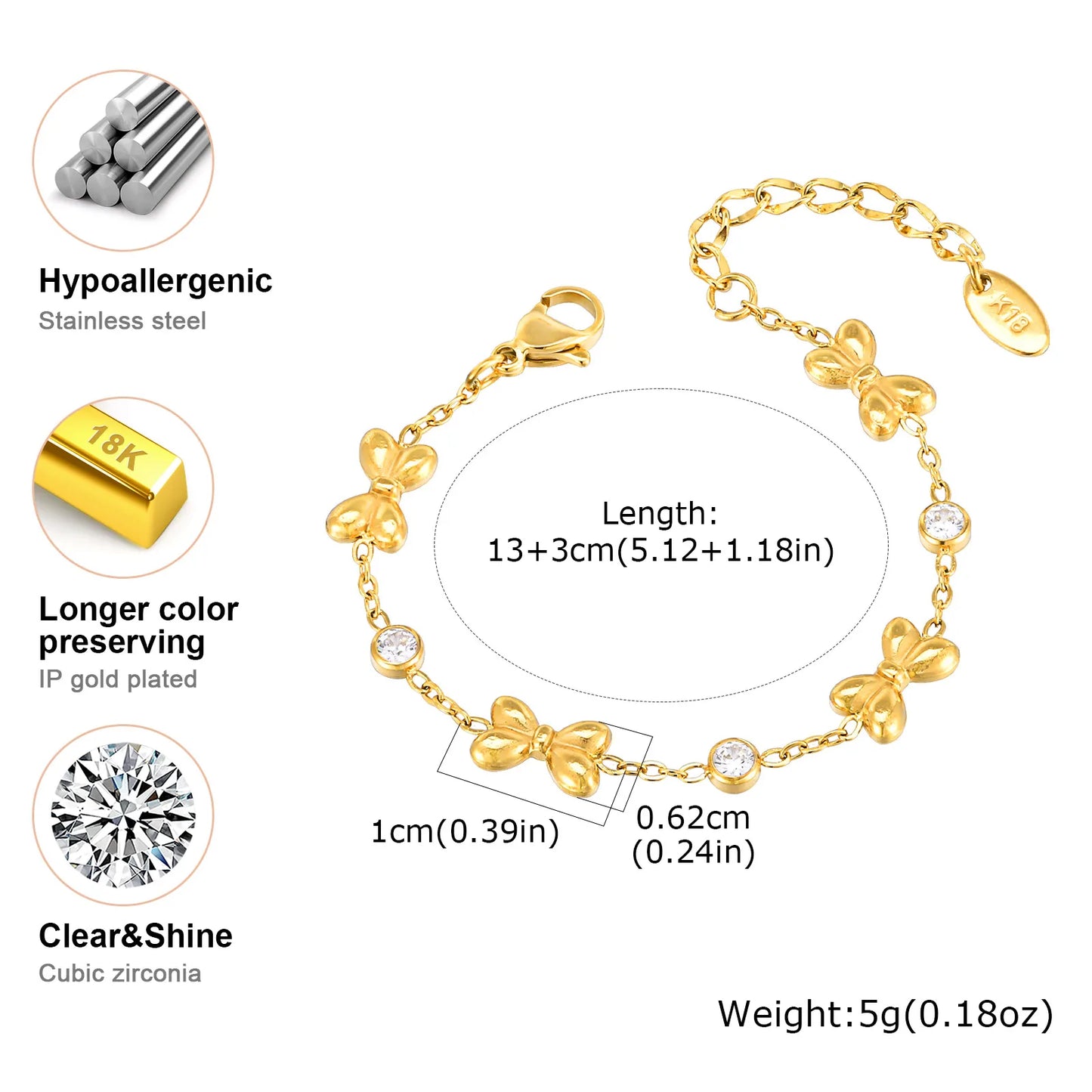 Vnox Stainless Steel Children's Bracelet For Baby Girls,Cubic Zirconia Inlay With Bow Element Chain,Cute Style Jewelry Daily