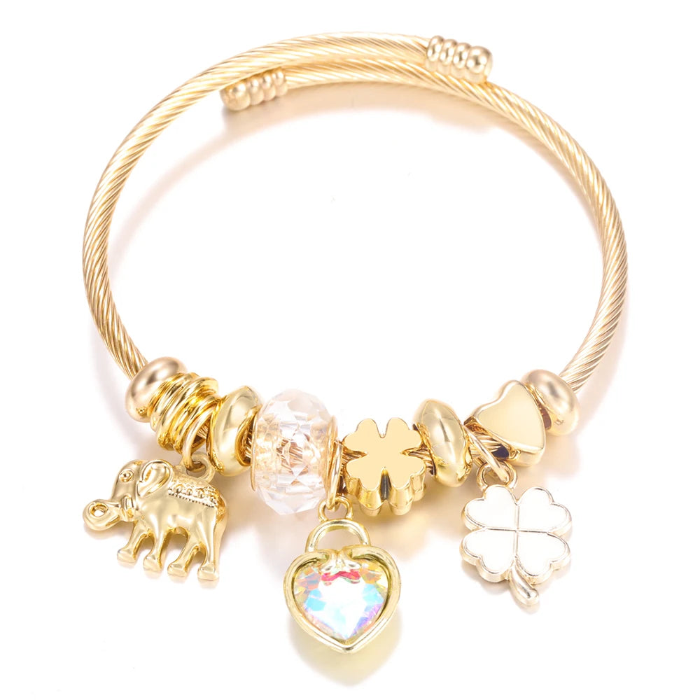 New Trendy 4 Colors Heart Shape Painted Pendant Closure Beaded Bracelet Golden Stainless Steel Women Bracelet 2025 Charm Jewelry