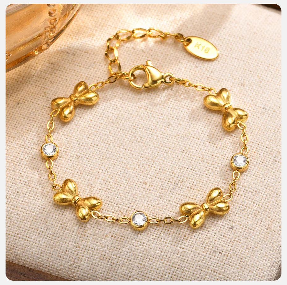 Vnox Stainless Steel Children's Bracelet For Baby Girls,Cubic Zirconia Inlay With Bow Element Chain,Cute Style Jewelry Daily