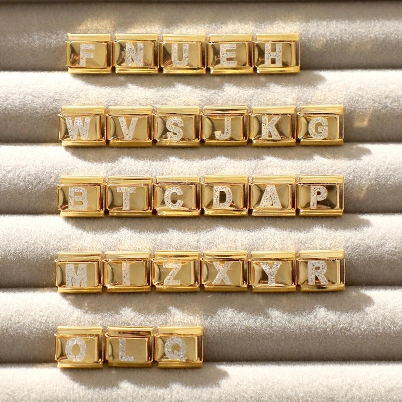 Fashion Golden 26 Letters A-Z Italian Links Charm Beads 9mm Stainless Steel Bracelet Jewelry DIY Hand Making Wholesale