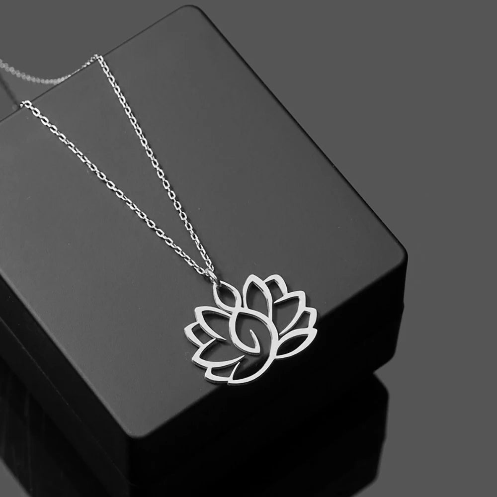 Stainless Steel Necklace Yoga Lotus Flower Necklaces Adjustable Chains Pendant Women Buddhist Religious Jewelry Party Gifts