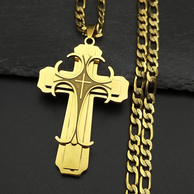 Jesus Cross Crucifix Pendant Necklace for Men Stainless Steel Gold Color Christian Coffee Bean Chain Jewelry croix chrétienne