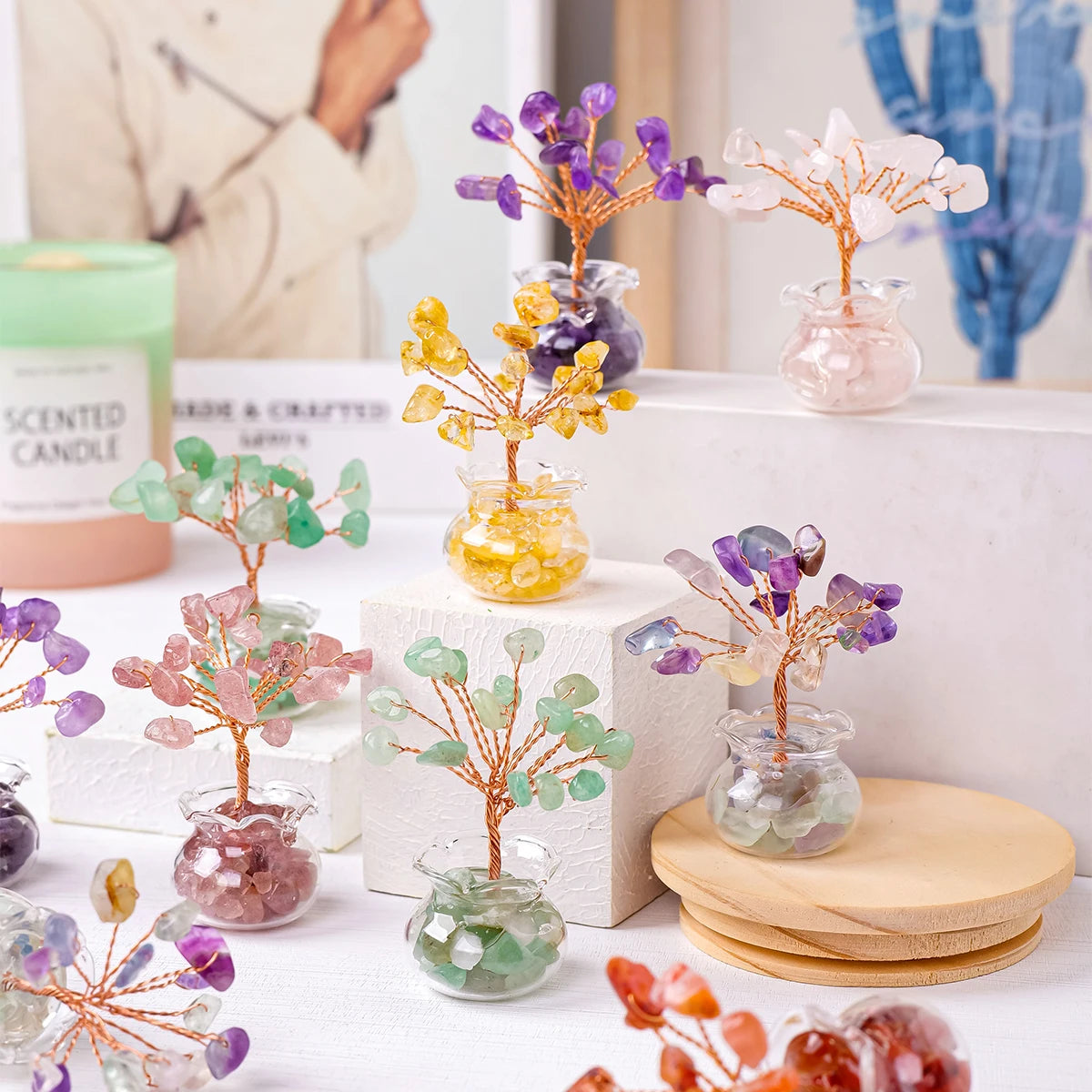 1PC Natural Crystal Macadam Small Tree Reiki Healing Feng Shui Crystal Tree Artificial Bonsai Tabletop Ornaments